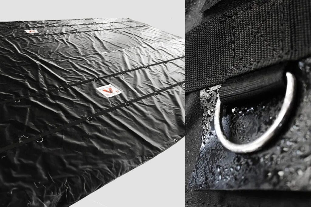 All about heavy duty tarpaulins and tarps left laid down Steel Tarp Set and zoomed in buckle on the right